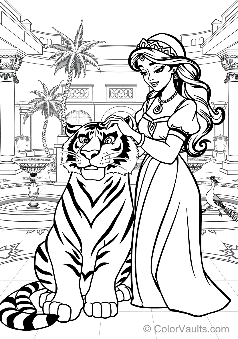 Princess Jasmine Gently Petting Her Loyal Pet Tiger