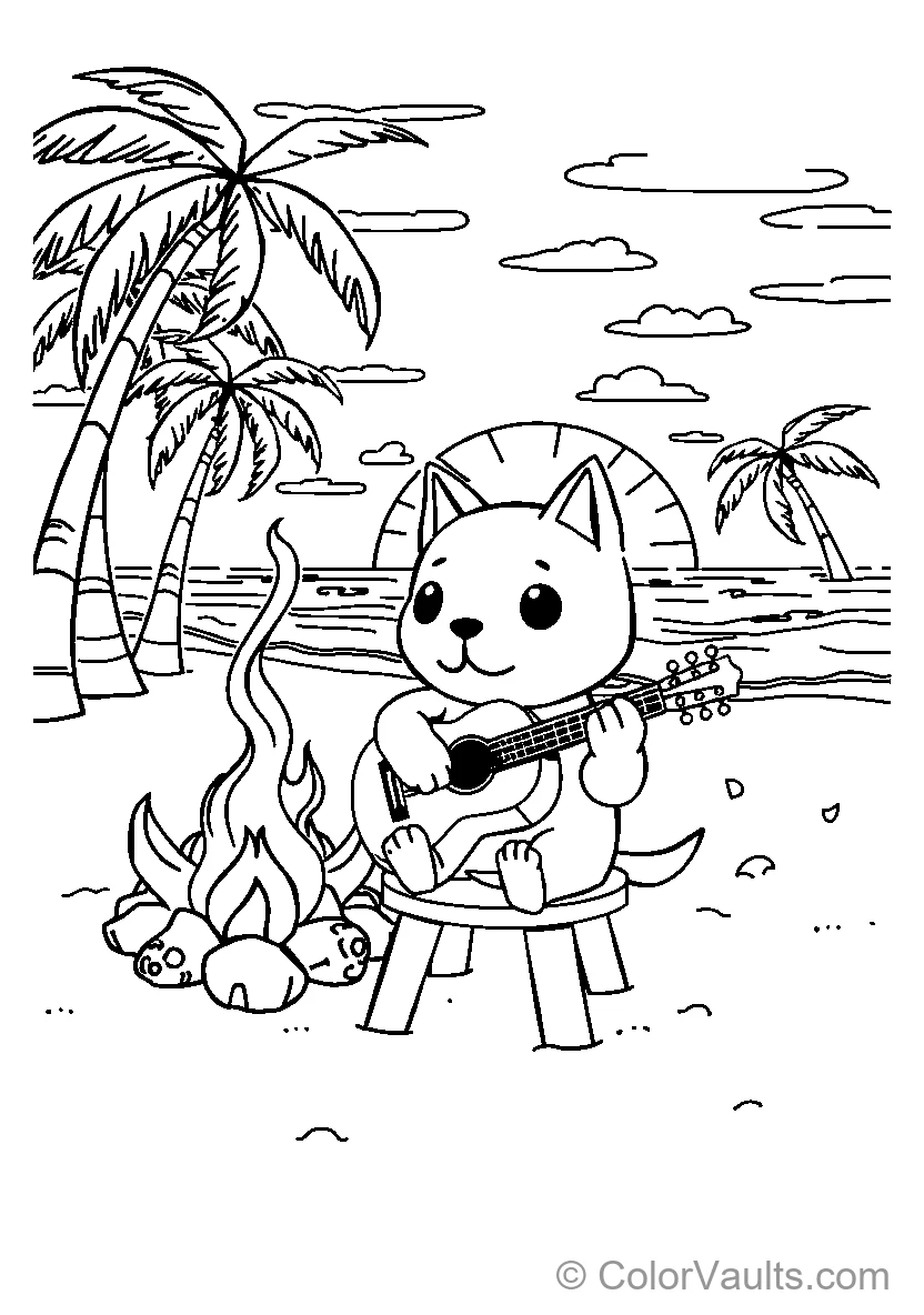 Cat Plays Guitar At Beach Campsite