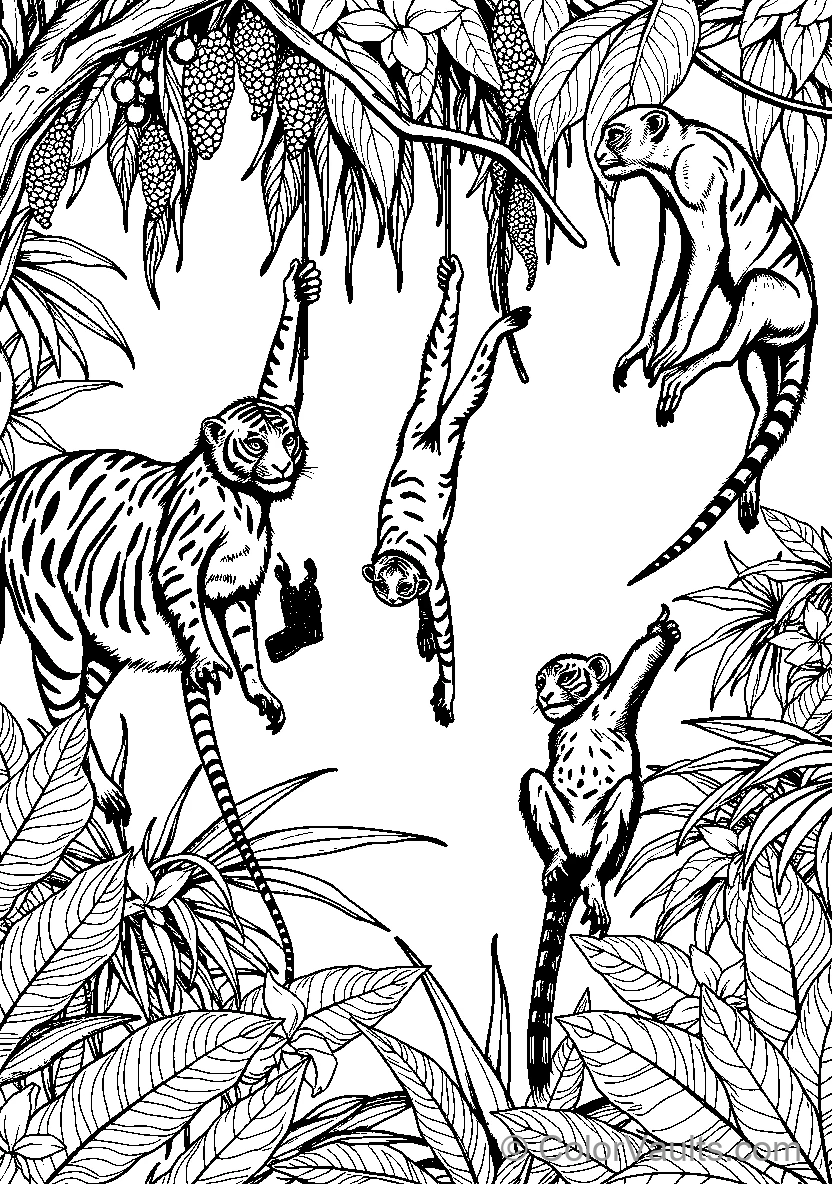 Jungle Animals Among Leaves