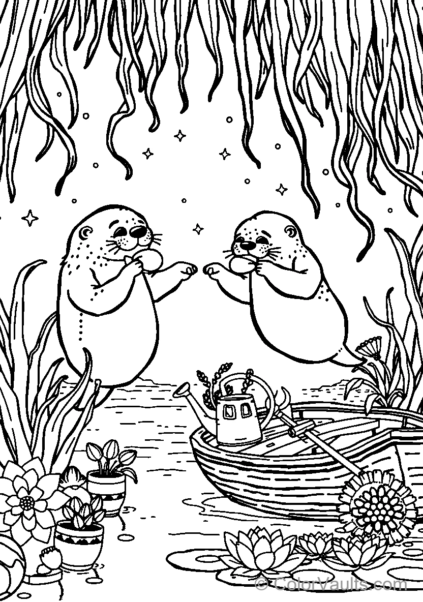 Sea Otters By Flowers