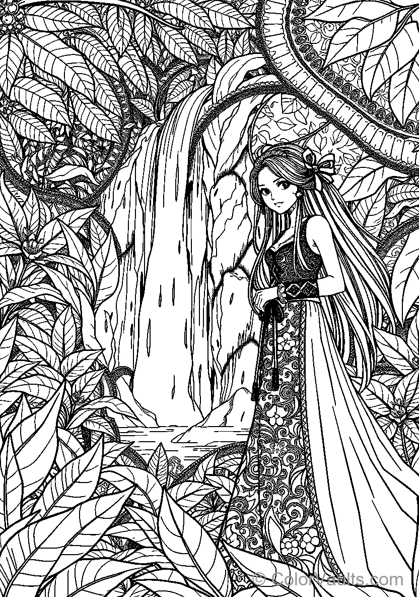 Girl in the Forest Near Waterfall