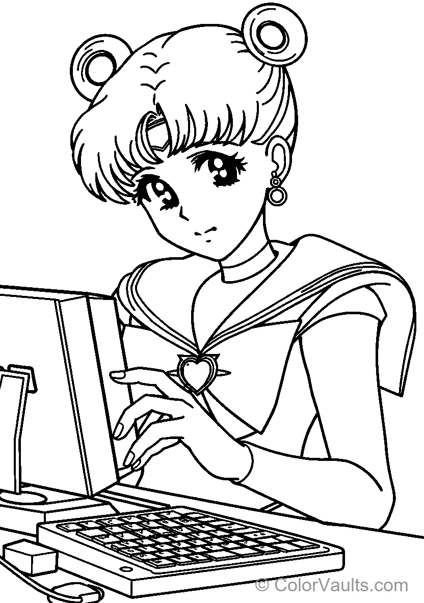 Bear-Eared Female Character on Laptop