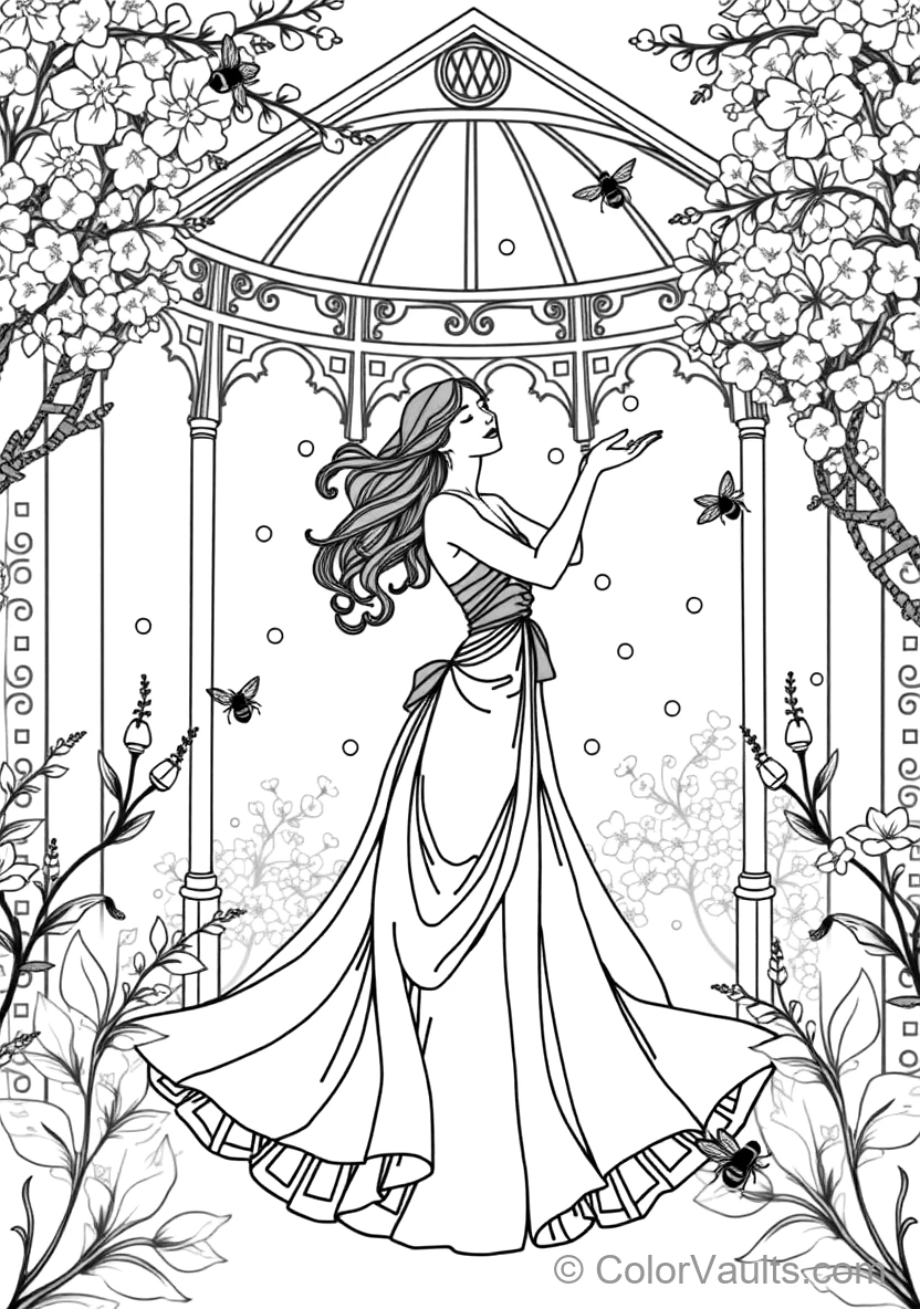 Mucha Style Woman Holding Bouquet of Wild Orchids (4)