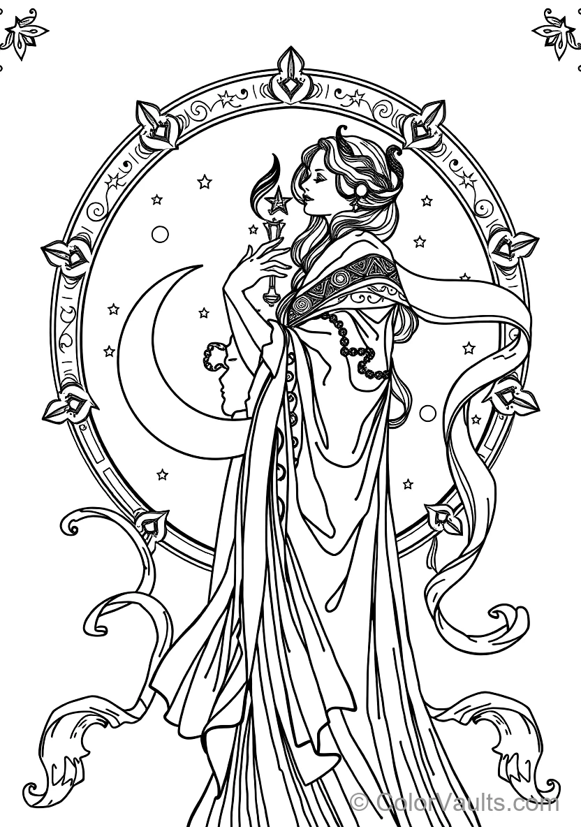 Mucha Style Celestial Maiden Holding Crescent Moon (6)