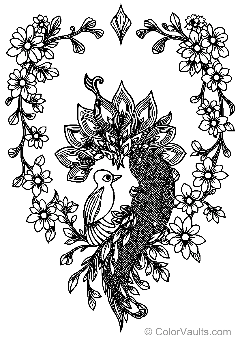 Stylized Bird With Peacock Among Flowers