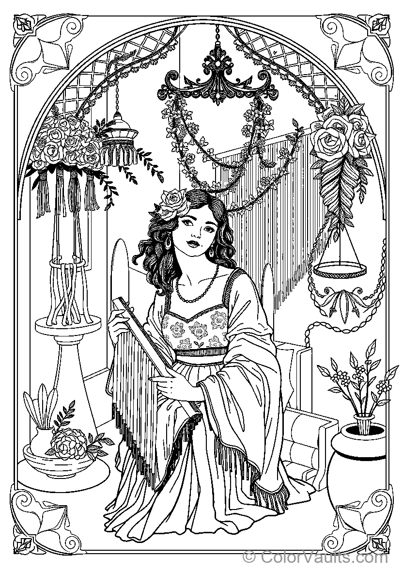 Woman Playing Harp In Floral Setting