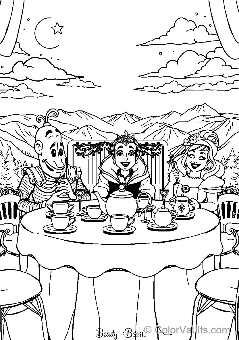 A Tea Party With Belle The Beast And Mrs Potts In A Mountainous Setting At Night