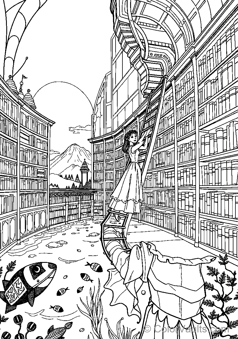 Belle Climbs Library Shelves