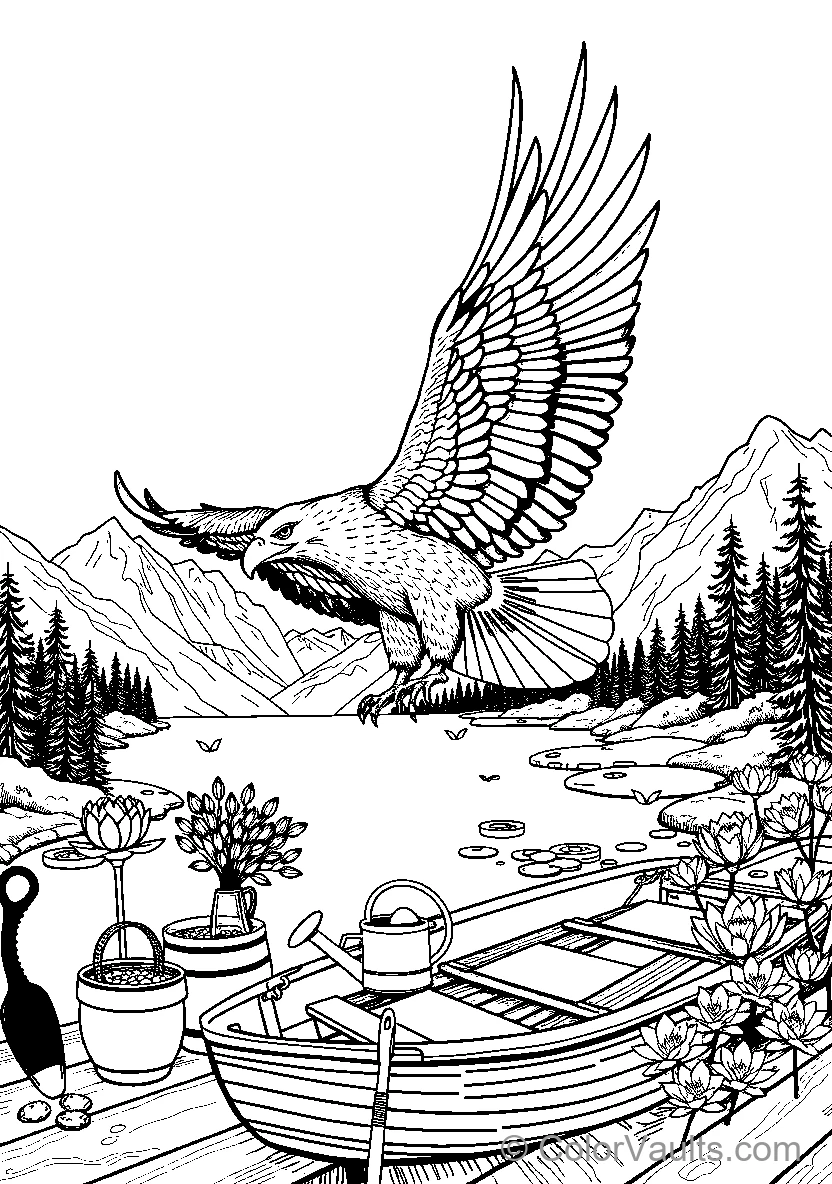 Eagle In Flight Over Lake