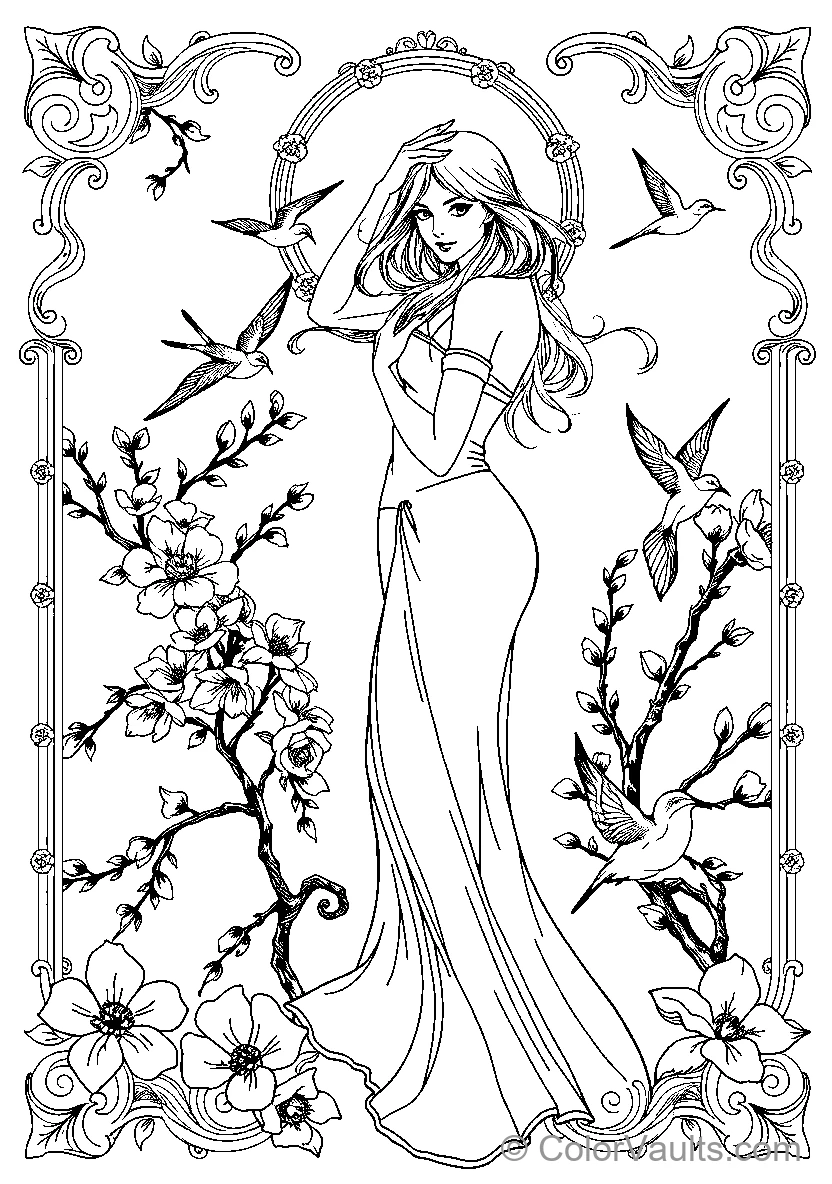 Elegant Woman Amongst Birds And Blossoms