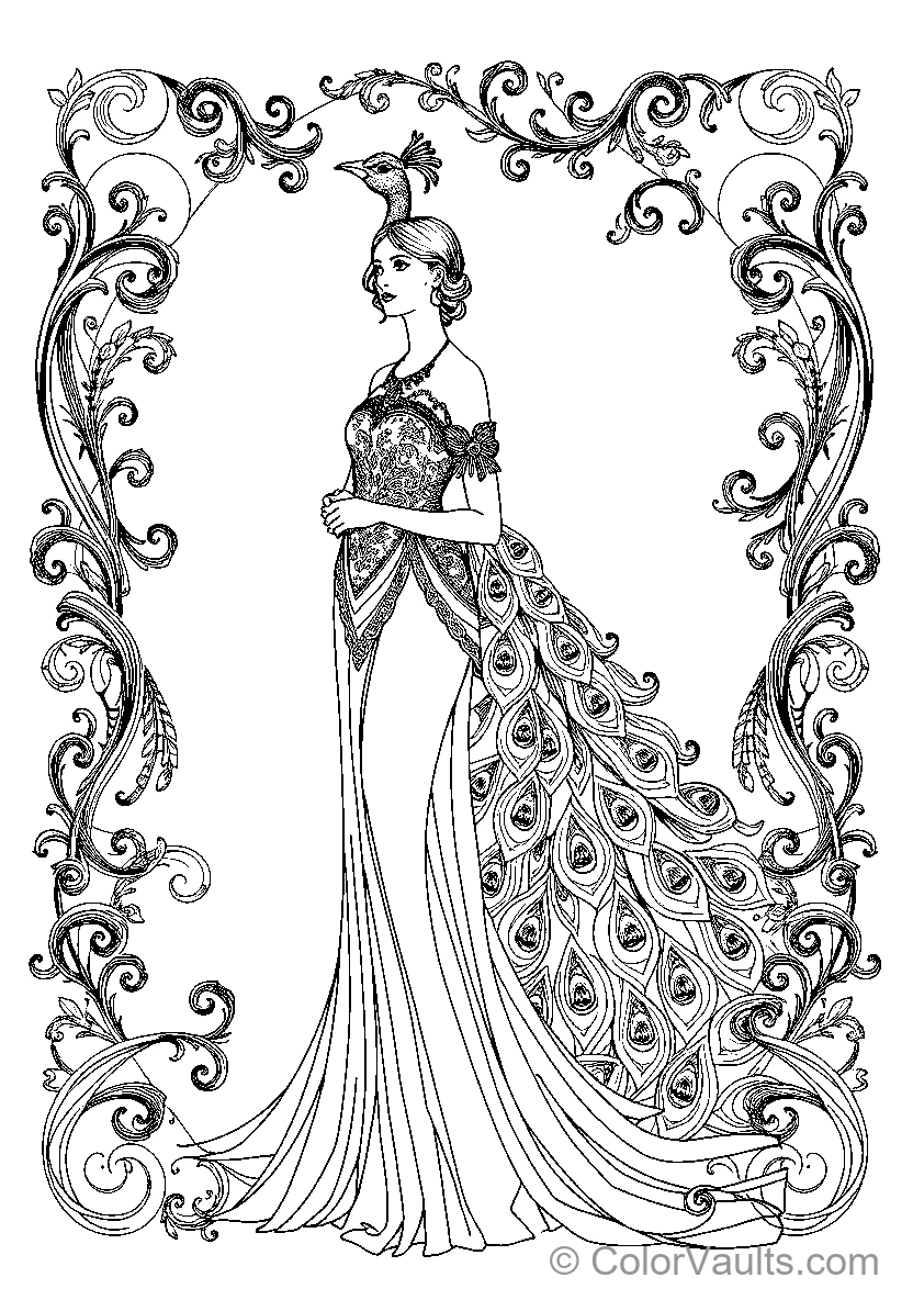 Elegant Woman With Peacock Feather Dress
