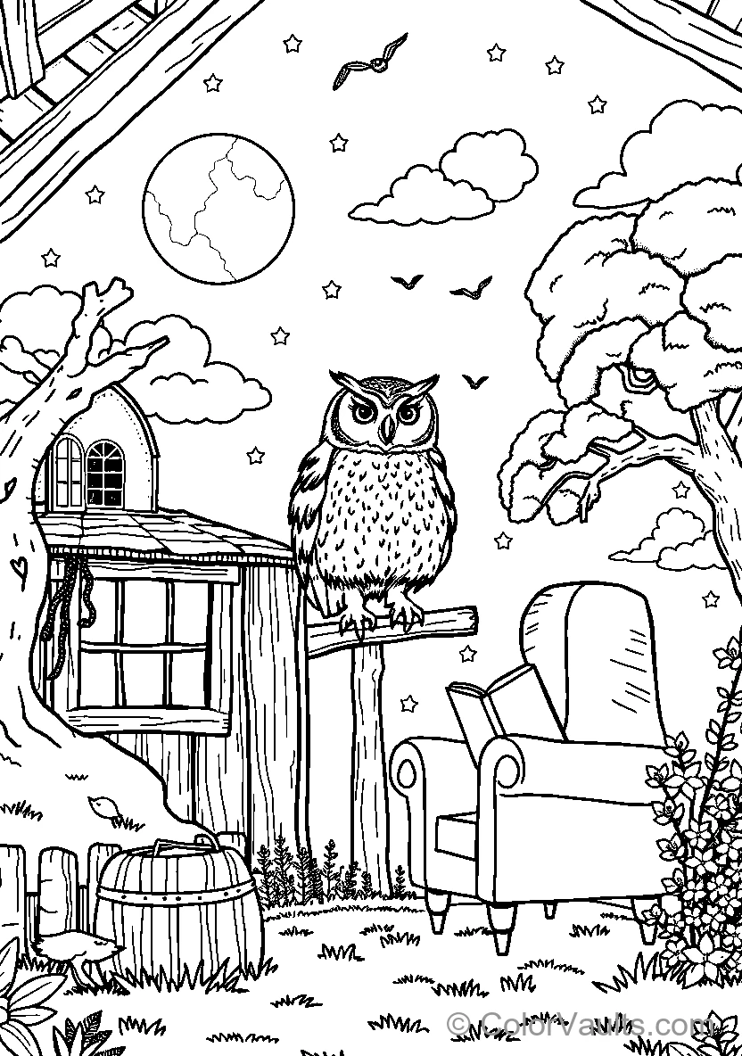 Owl Perched By Moonlit Treehouse