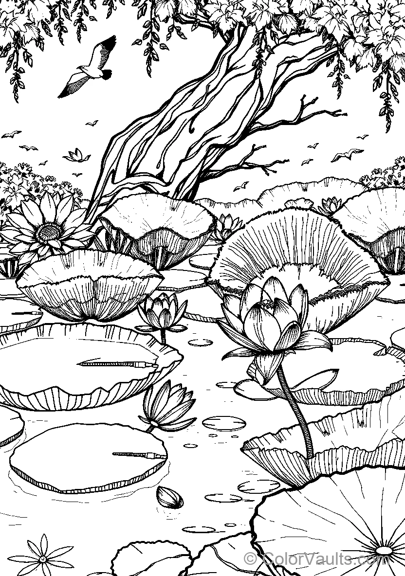 Pond With Lilies And Birds