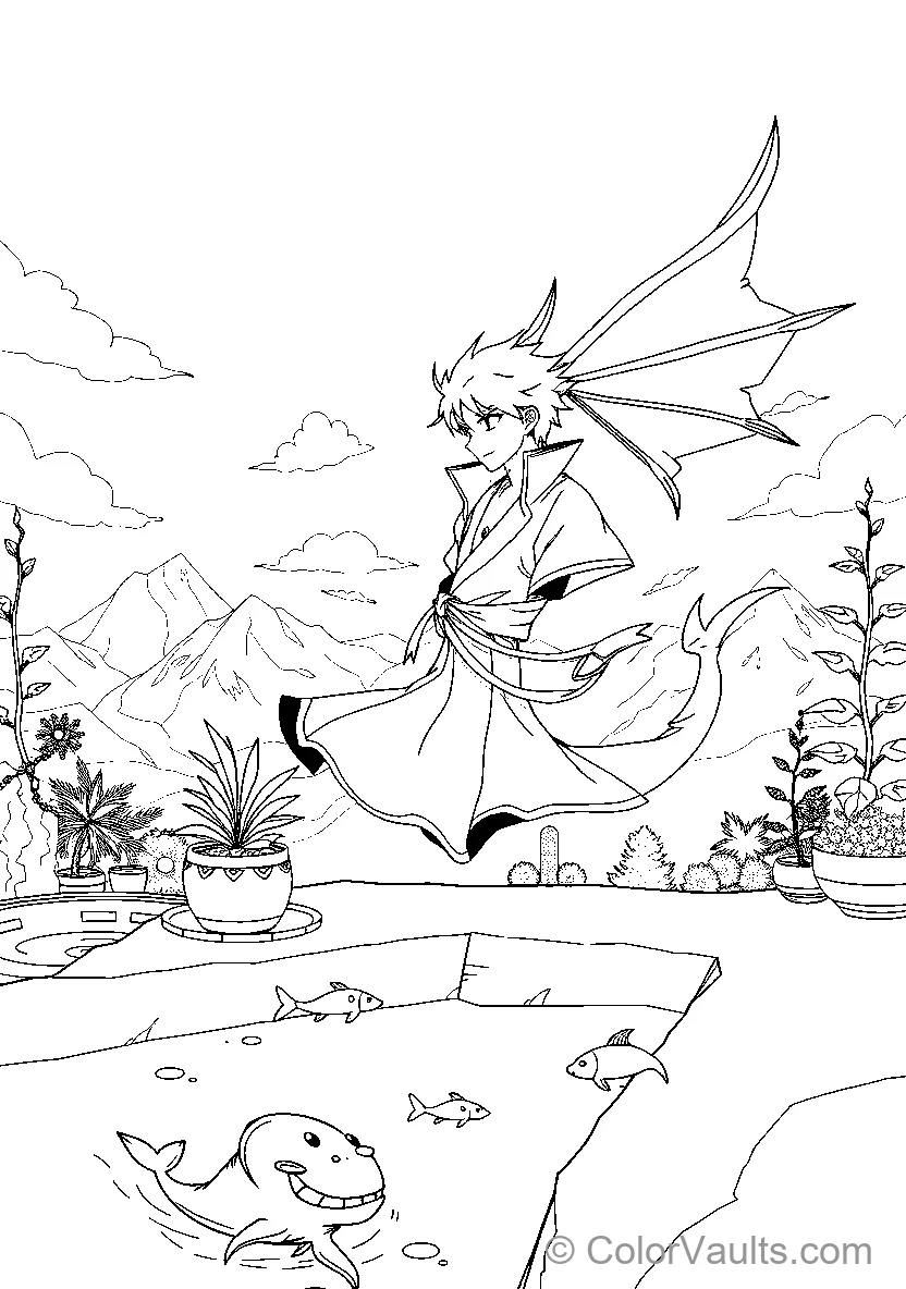 Tanjiro Nezuko Zenitsu In Demon Slayer Pose On A Cliff With Fish And Plants Below Them