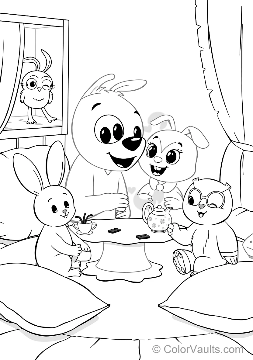 Bluey and Bingo Having a Pretend Tea Party with Floppy