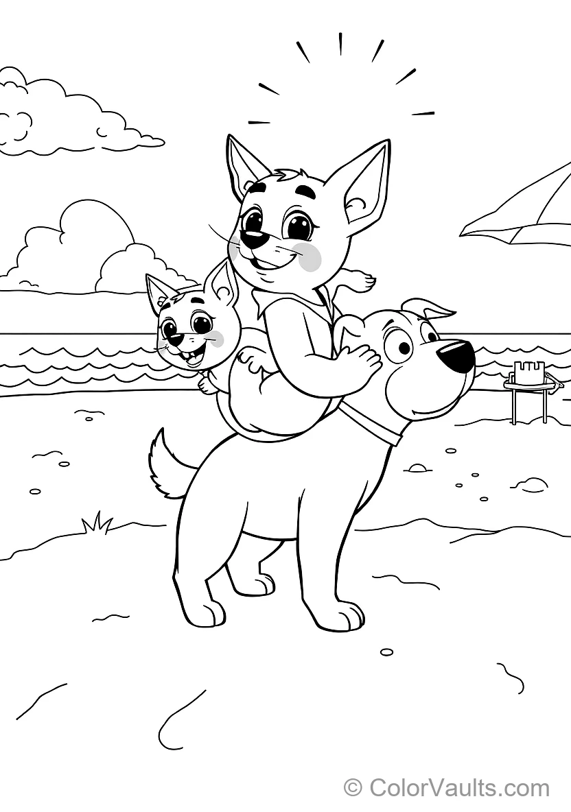 Bandit Carrying Bluey and Bingo on His Shoulders for a