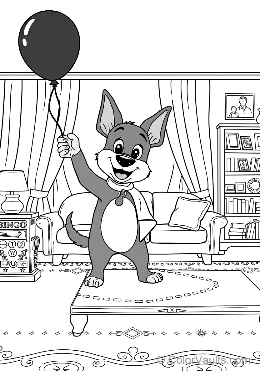 Bingo Playing Keepy-uppy with a Red Balloon Gently