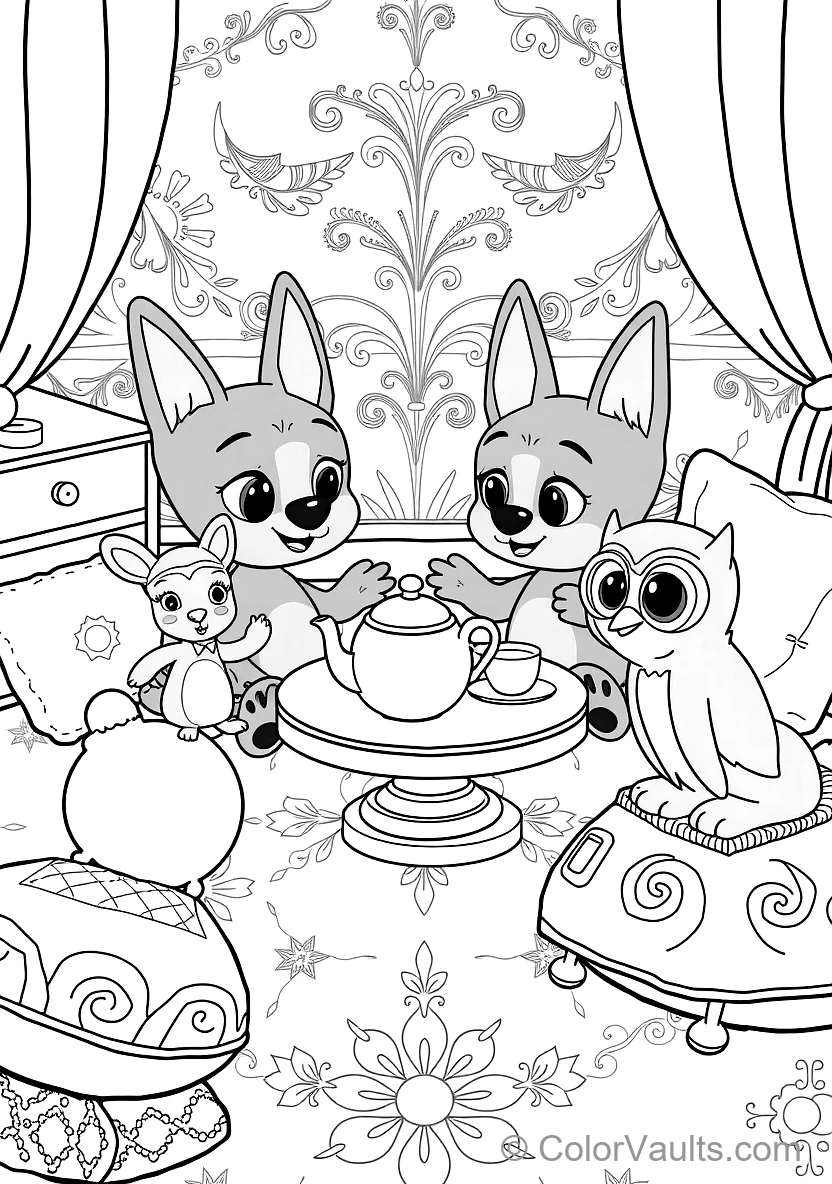 Bluey und Bingo Having a Pretend Tea Party mit Floppy (Scene 5)