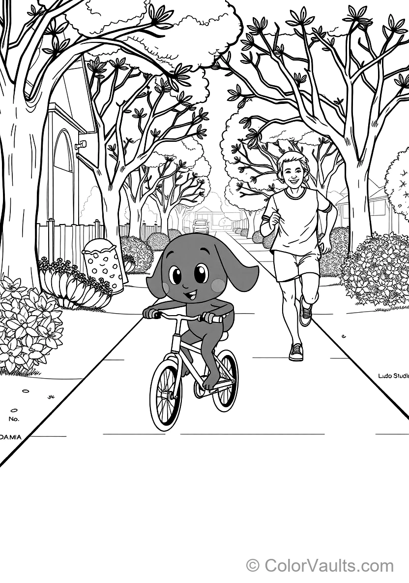 Bluey Riding Her Bicycle mit Training Wheels Down (Scene 5)