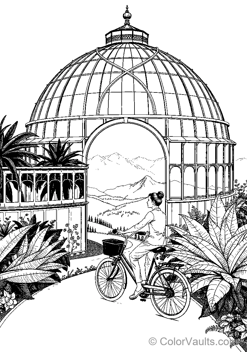 A Cyclist Admires Mountain Scenery From A Greenhouse