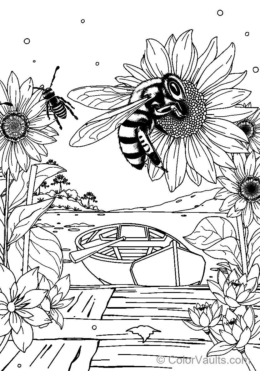 Bee And Sunflowers By The Boat