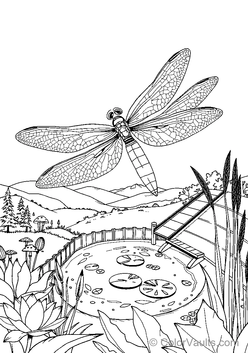 Dragonfly Hovering Over Pond