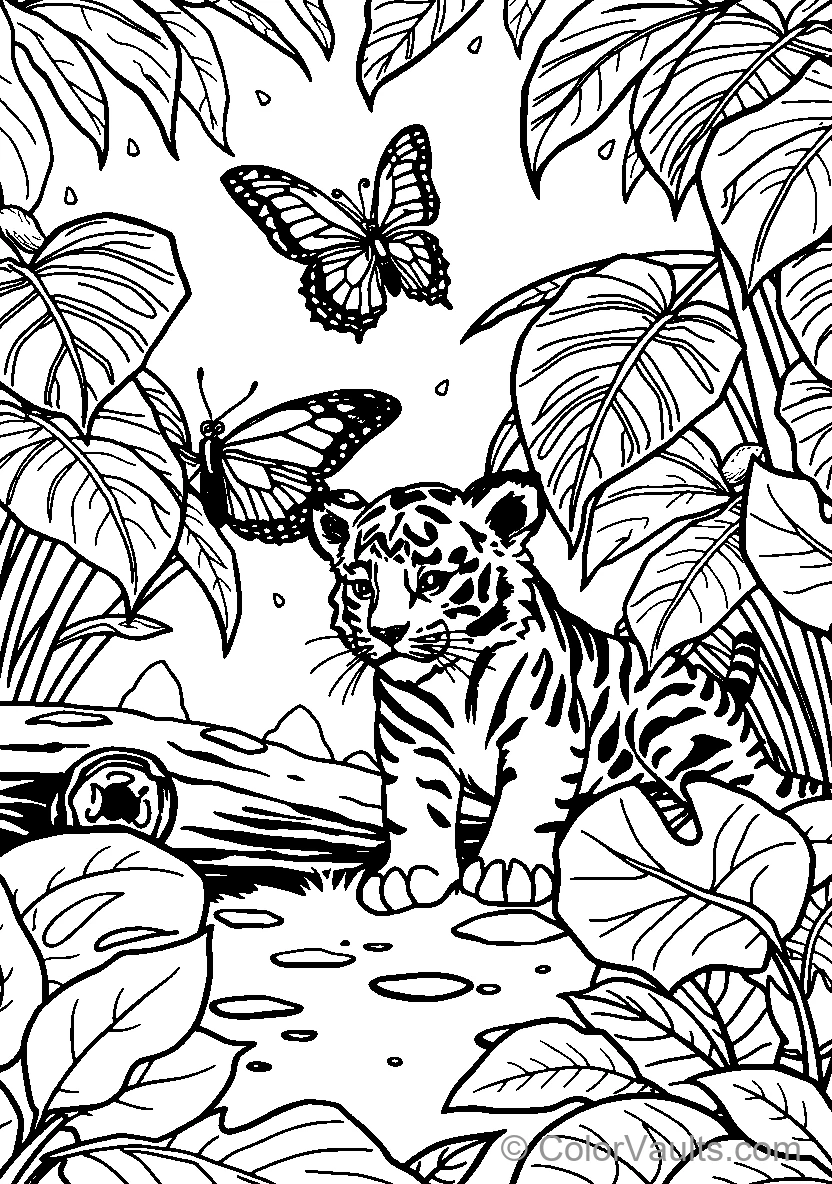 Young Tiger Cub Among Butterflies