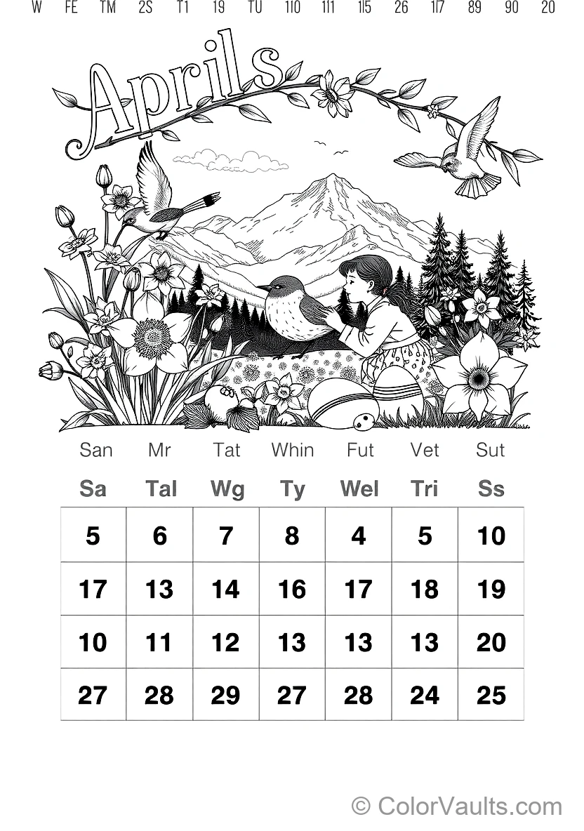 A Printable Coloring Kalender Page Featu (Scene 34) - Kostenlose Malvorlage zum Ausdrucken | ColorVaults
