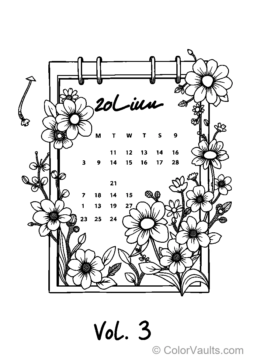 Floral Calendar Page For Coloring Volume 3 - Free Printable Coloring Page | ColorVaults