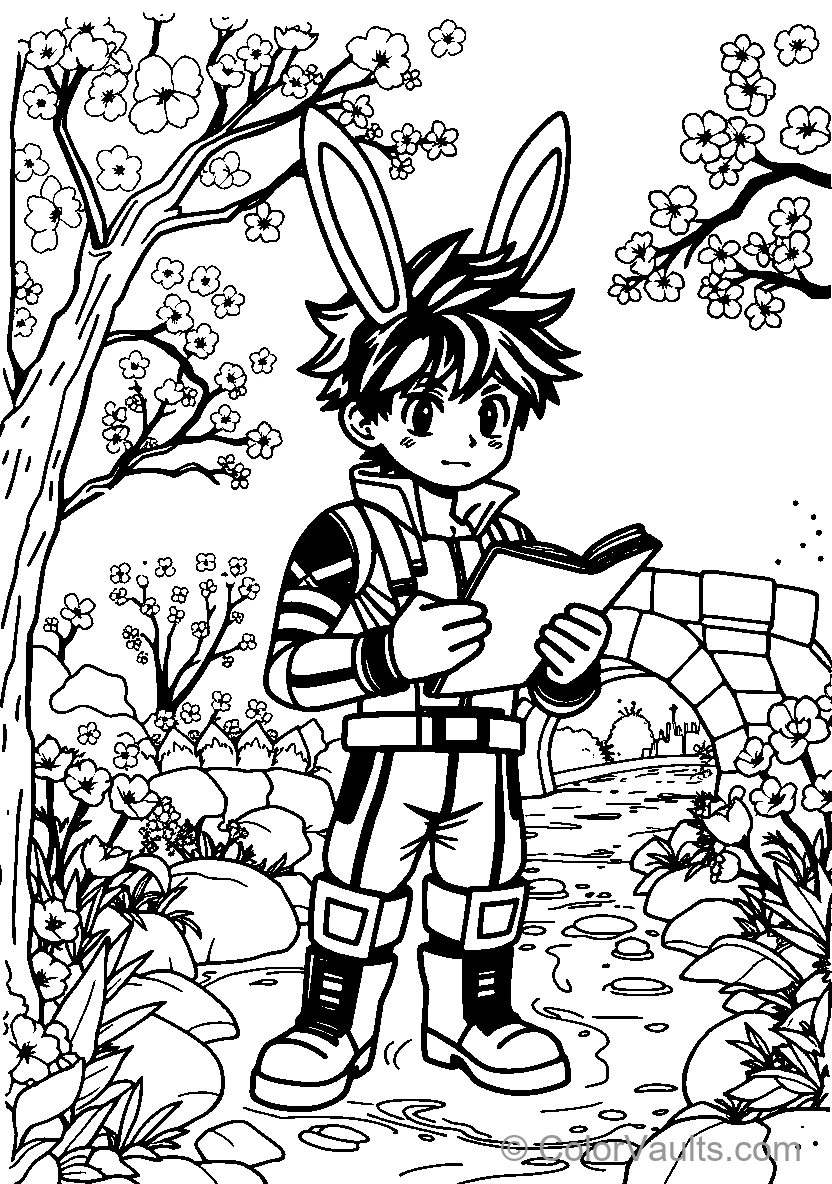 Character In Bunny Costume Reads Outdoors