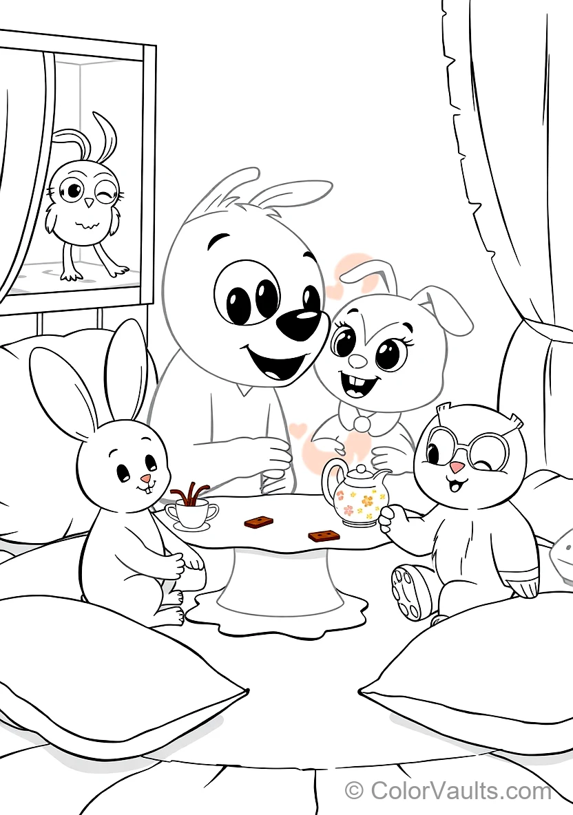 Bluey and Bingo Having a Pretend Tea Party with Floppy