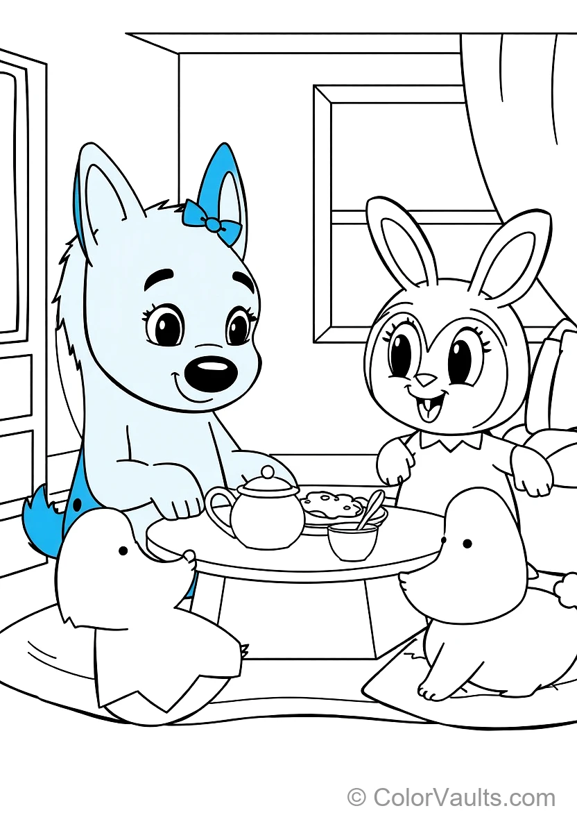 Bluey and Bingo Having a Pretend Tea Party with Floppy (Scene 10)