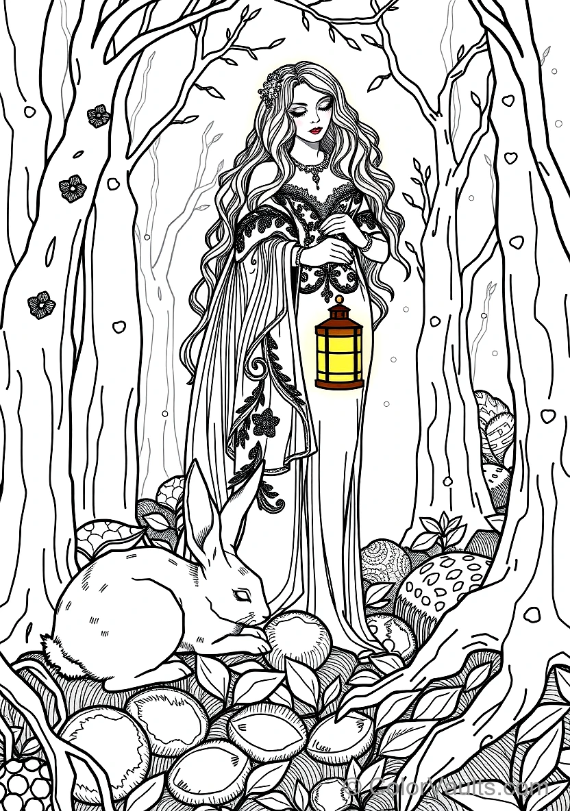 Art Nouveau Lady Holding a Glowing Vintage Lantern (Scene 2)