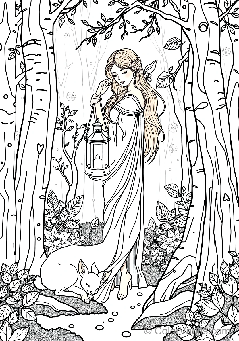 Art Nouveau Lady Holding a Glowing Vintage Lantern (Scene 5)