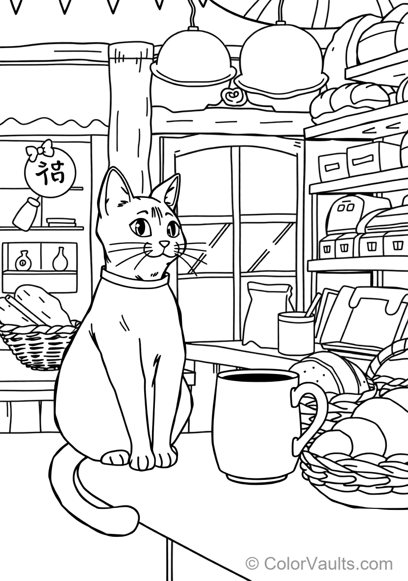 Jiji the Black Cat Sitting Beside a Mug of Coffee (Scene 3)