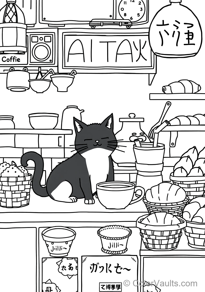 Jiji the Black Cat Sitting Beside a Mug of Coffee (Scene 4)