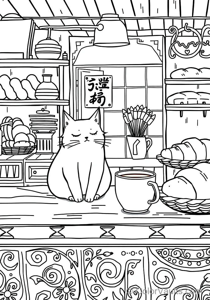 Jiji the Black Cat Sitting Beside a Mug of Coffee (Scene 5)