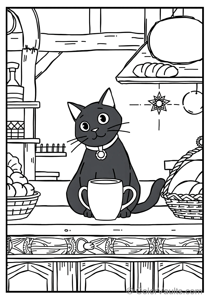 Jiji the Black Cat Sitting Beside a Mug of Coffee (Scene 11)
