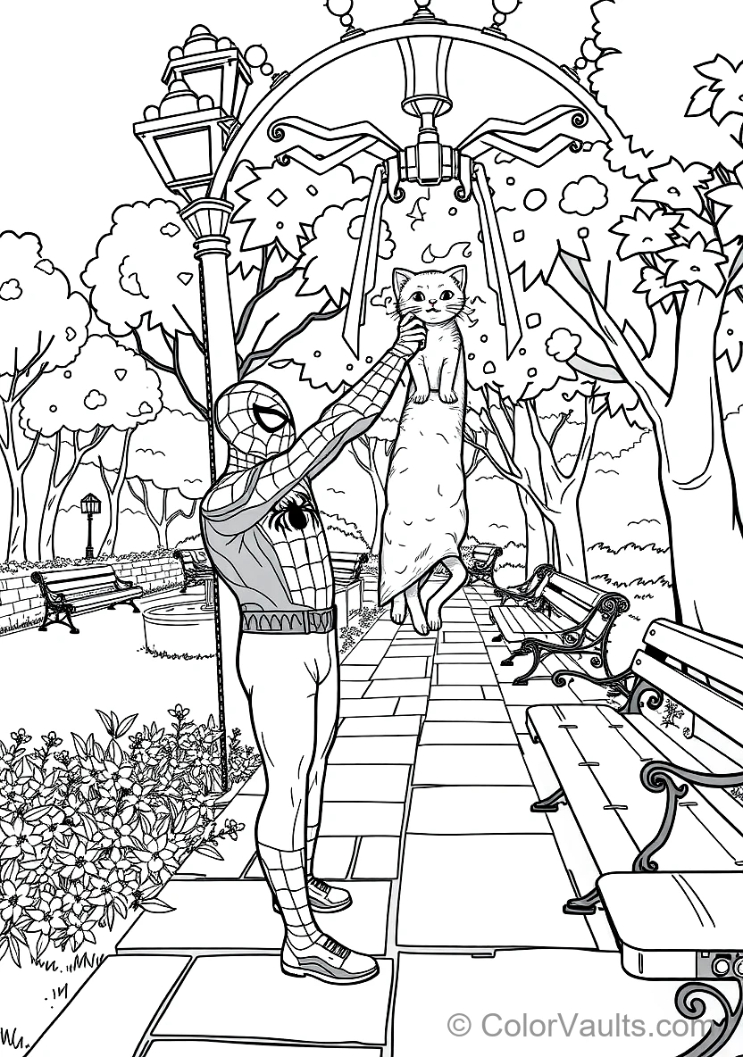 Spider-man Helping a Friendly Cat Down from a Tree