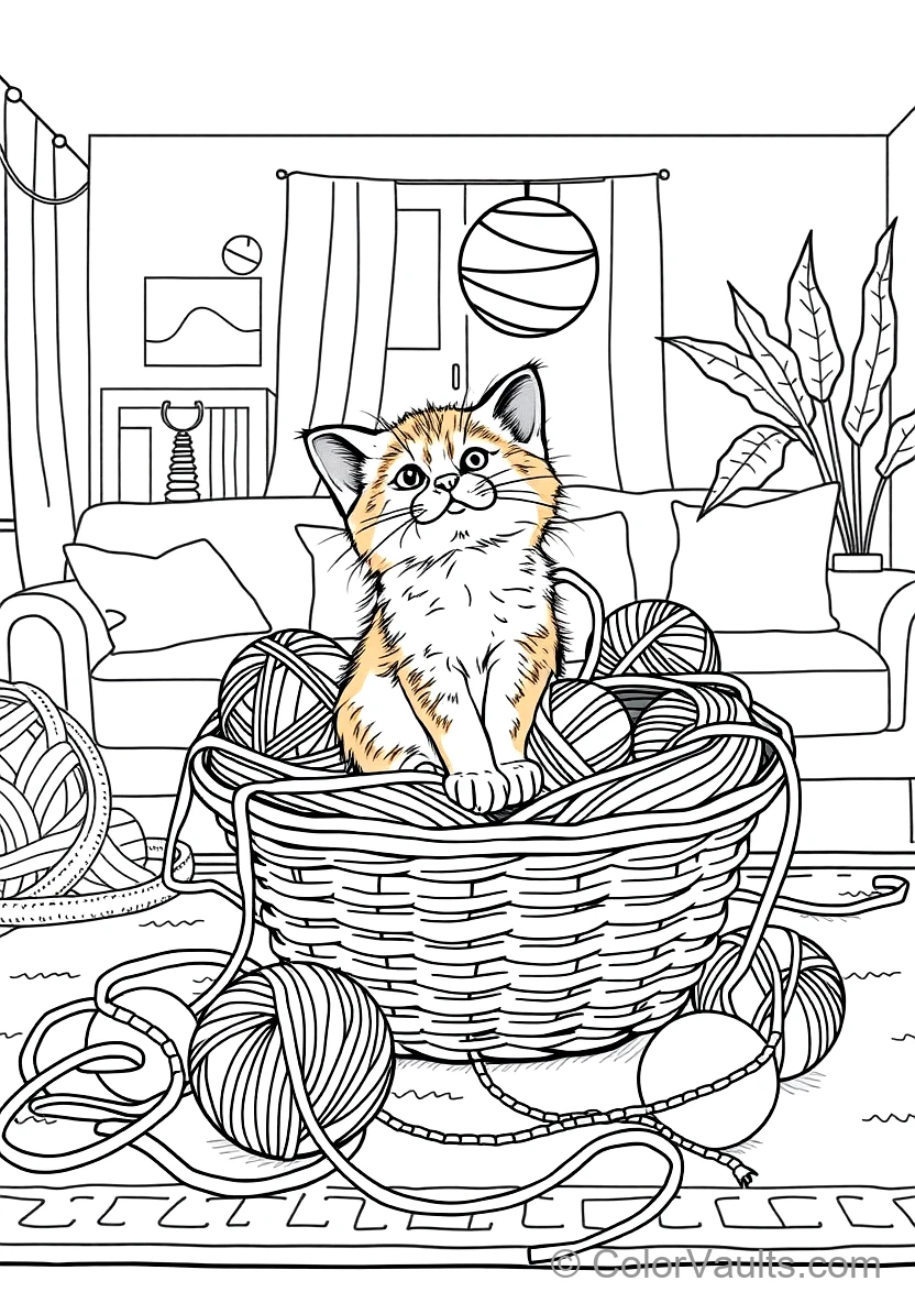 Fluffy Calico Kitten Tangled Playfully in a Basket (Scene 2)