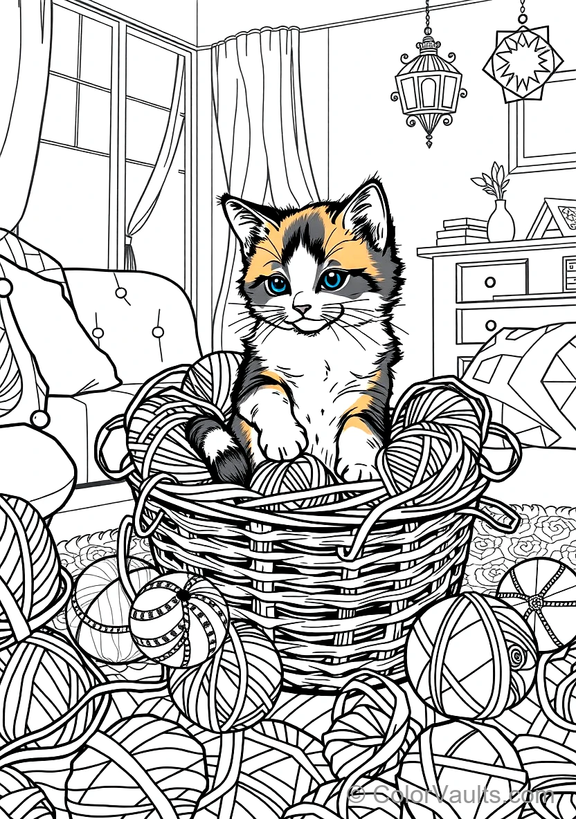Fluffy Calico Kitten Tangled Playfully in a Basket (Scene 3)