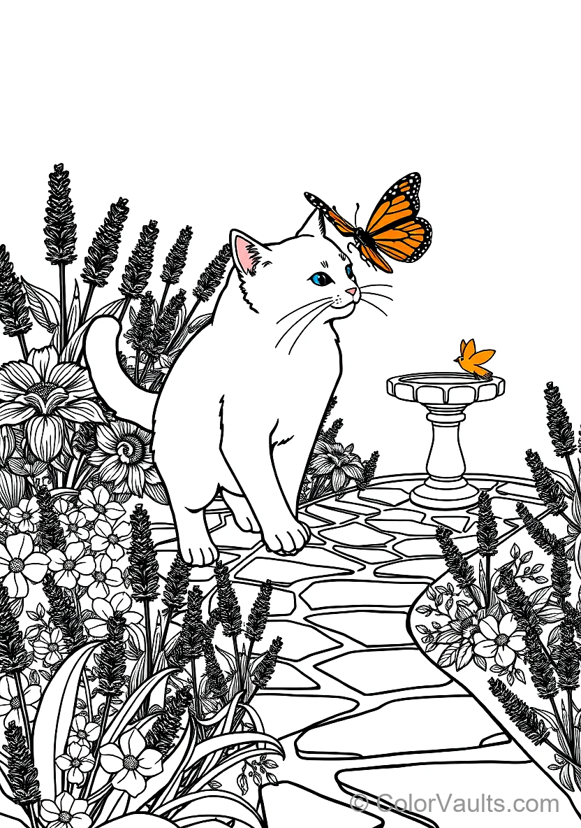 Graceful White Cat Chasing a Monarch Butterfly Across (Scene 3)
