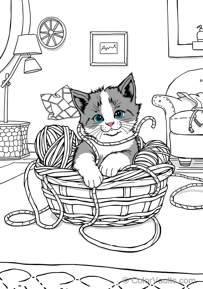 Fluffy Calico Kitten Tangled Playfully in a Basket (Scene 5)