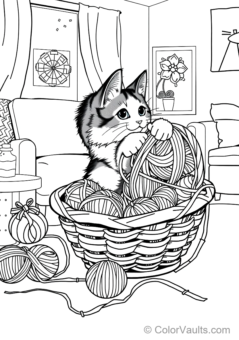 Fluffy Calico Kitten Tangled Playfully in a Basket (Scene 8)