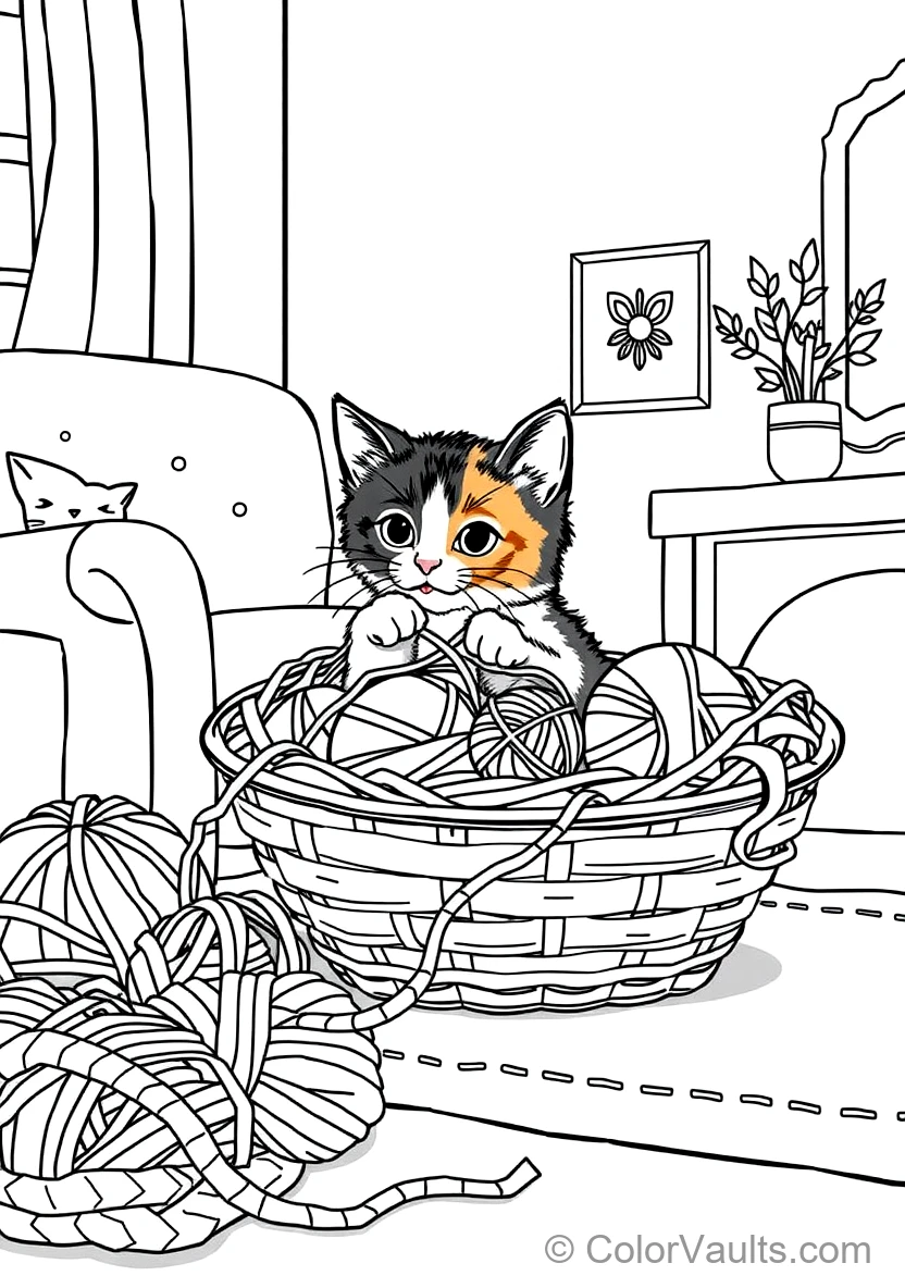 Fluffy Calico Kitten Tangled Playfully in a Basket (Scene 11)