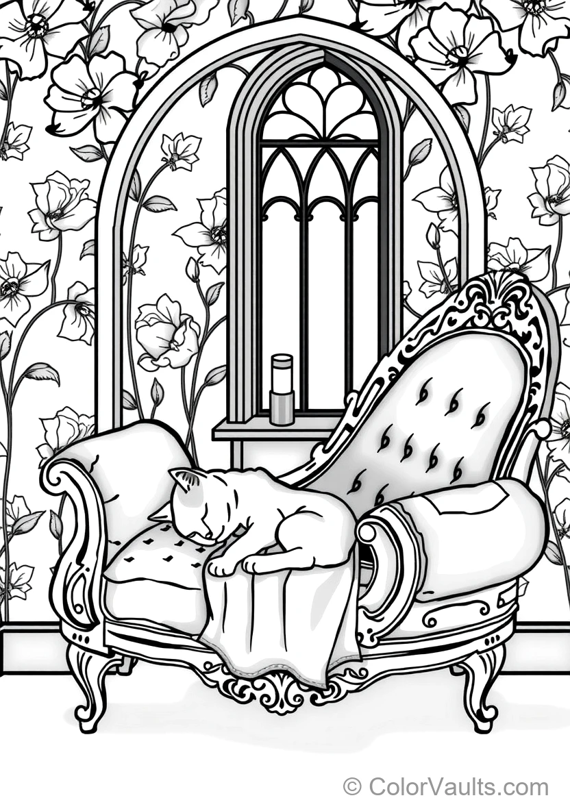 Art Nouveau Cat Curled Up Asleep on an Antique Carved (Scene 3)