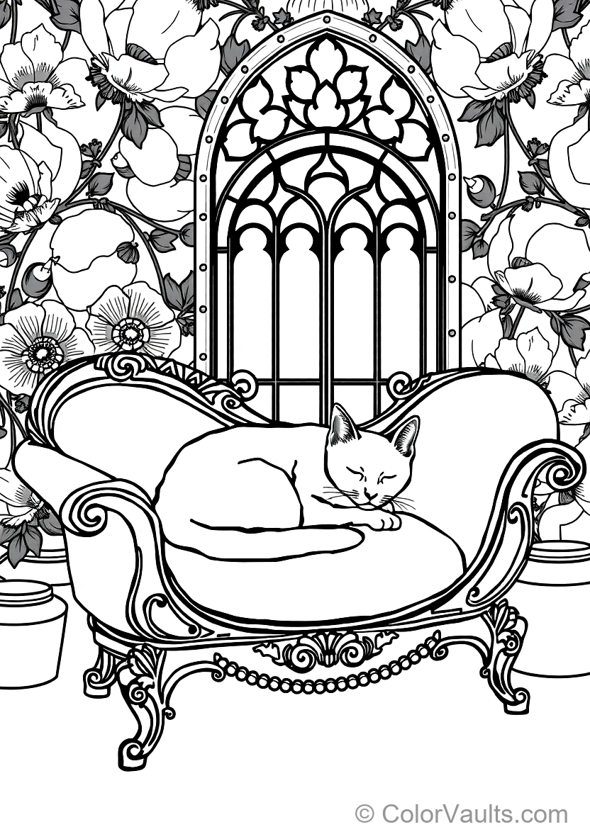 Art Nouveau Cat Curled Up Asleep on an Antique Carved (Scene 4)