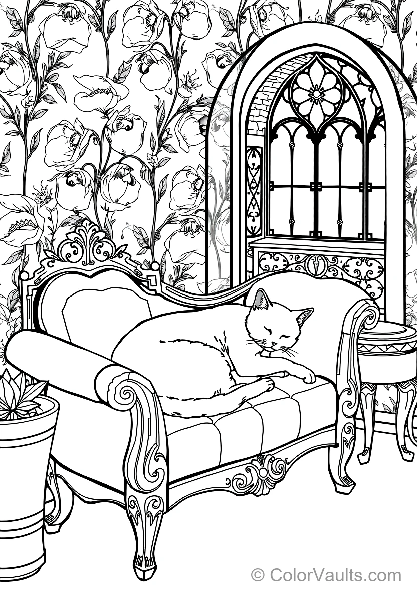 Art Nouveau Cat Curled Up Asleep on an Antique Carved (Scene 9)
