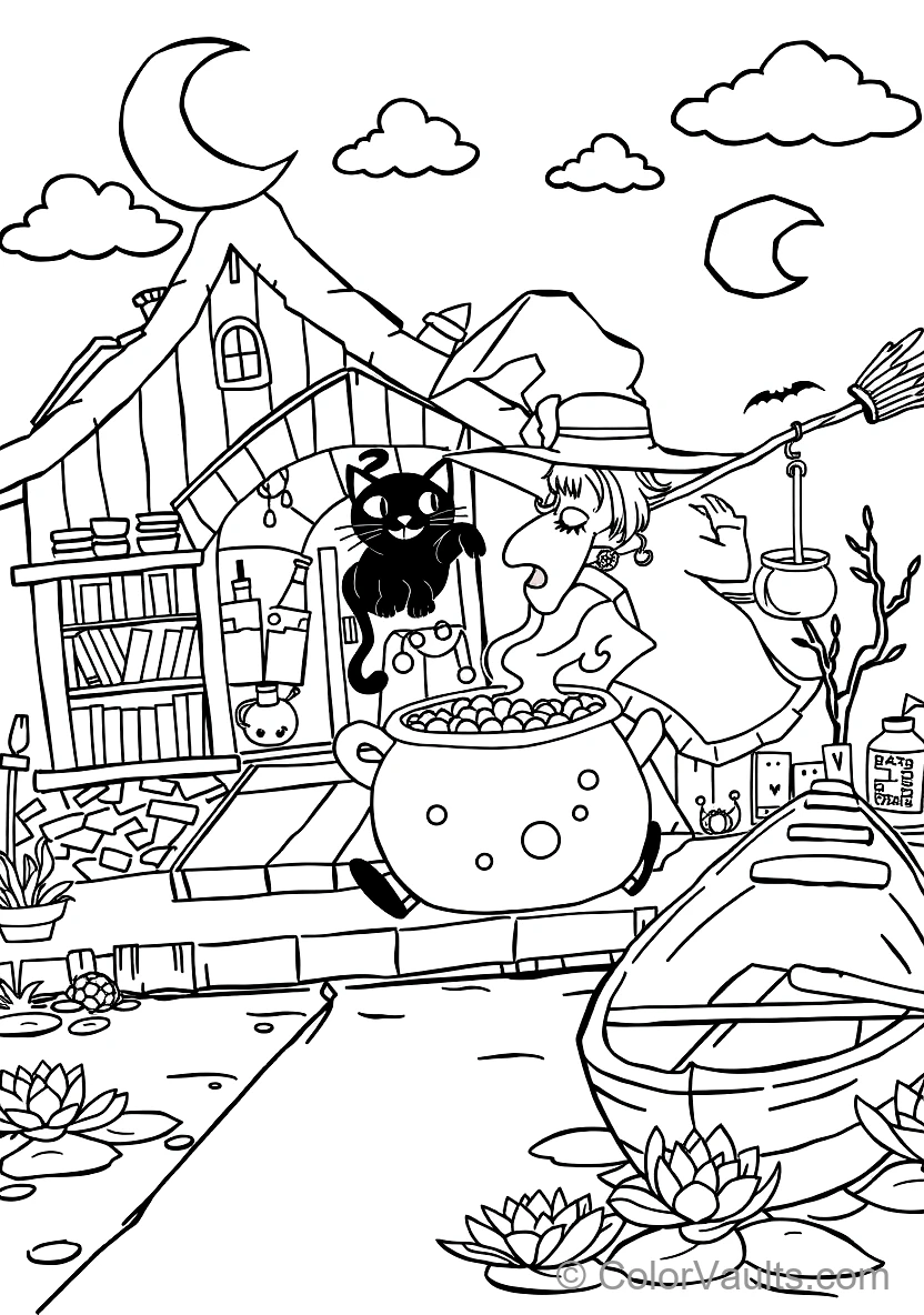 Friendly Cartoon Witch Stirring Bubbling Cauldron