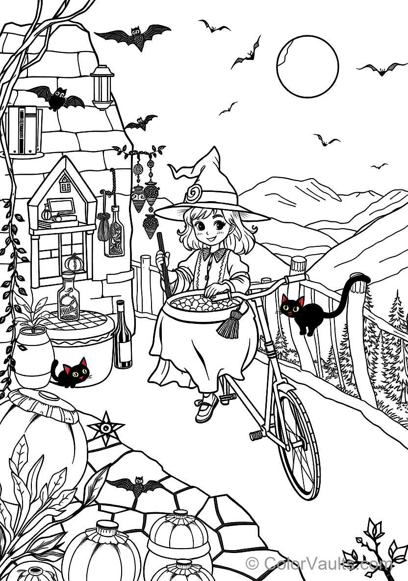 Friendly Cartoon Witch Stirring Bubbling Cauldron (Scene 2)